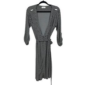 Calvin Klein Women Dress Wrap Plunge Neck Roll Tab Long Sleeve Black White Sz 8*